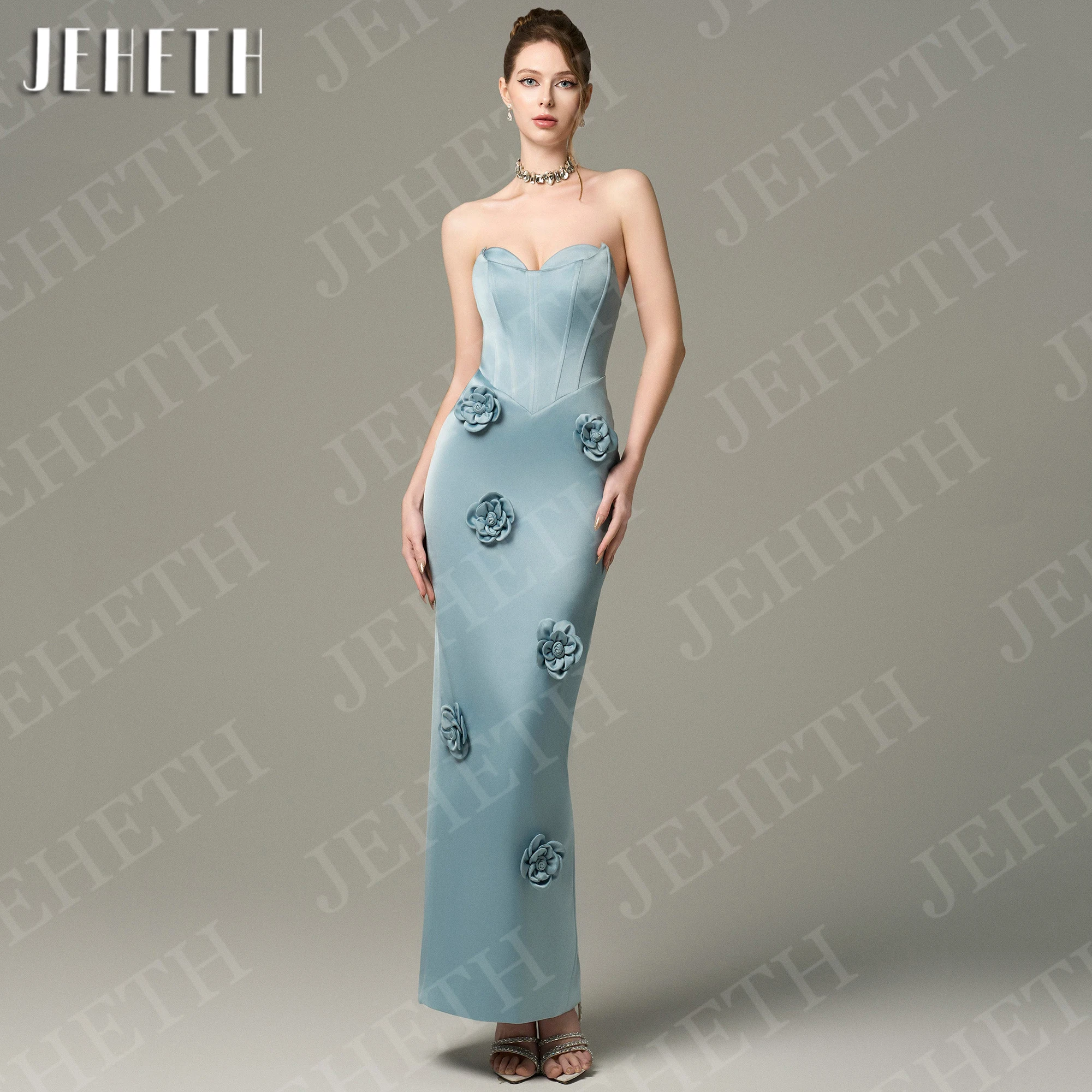 

JEHETH Mermaid Evening Dresses Elegant Strapless Sleeveless Satin Cocktail Party Dress with 3D Floral Customized Ankle Length