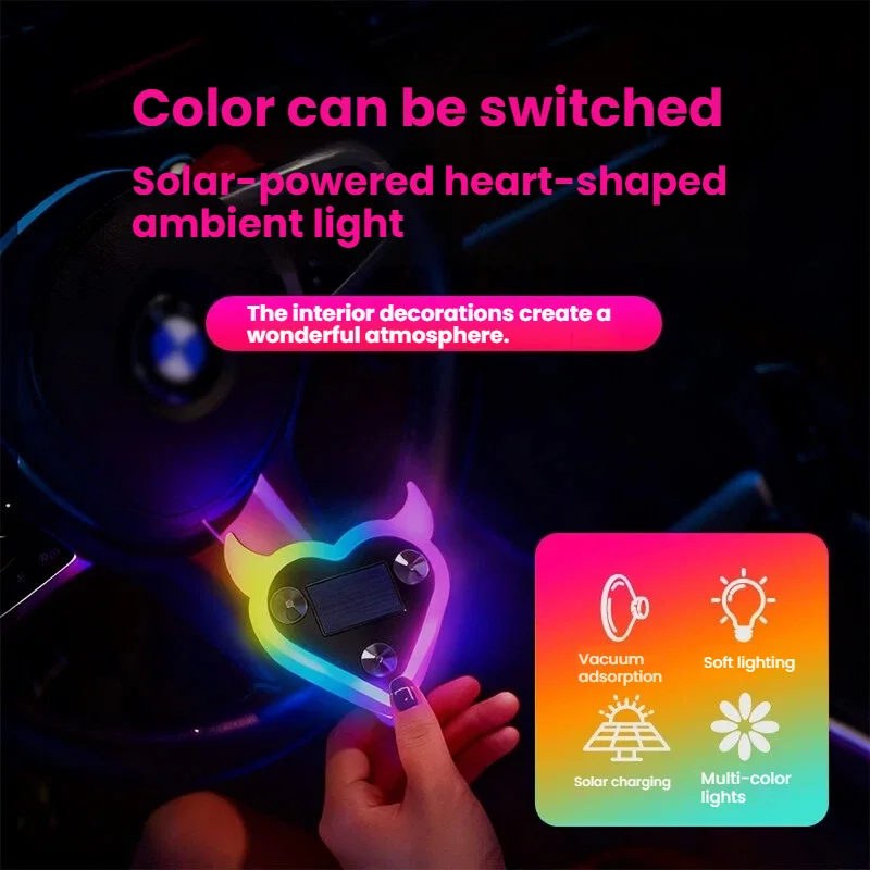 Solar powered LED love lights, car mounted triangular windows, wireless colorful ambient lights, neon lights inside the car