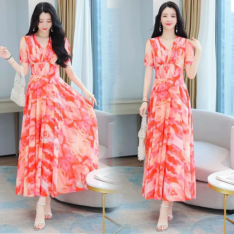 Hot Selling New Fashion Summer Long Dress Printing Chiffon Dress 2023 Bohemian Style V Neck Was Thin Slim Women Dresses