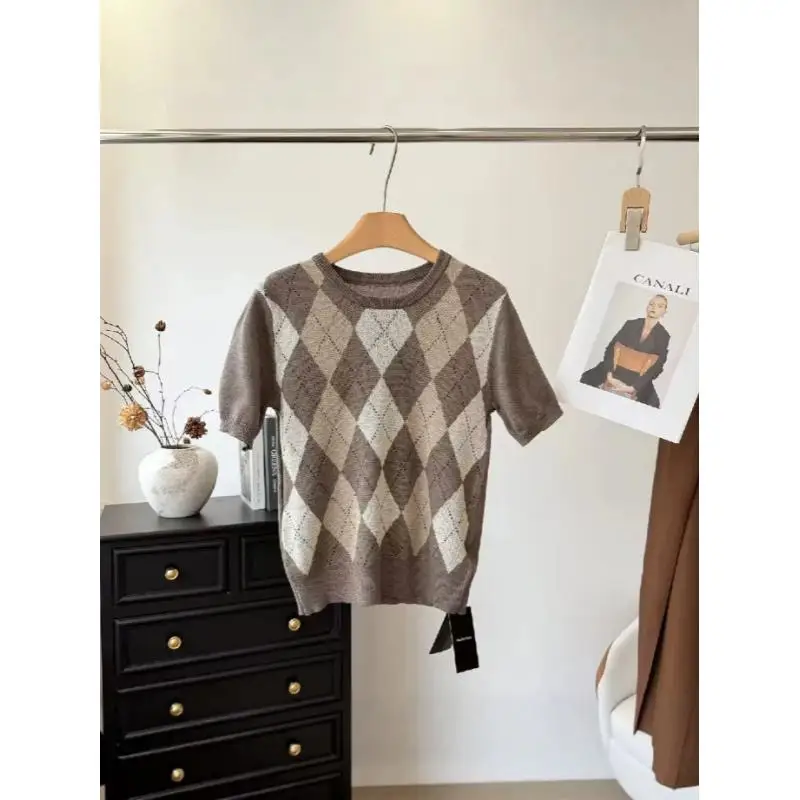 Maxdutti Minimalist Women's Clothing Southern France Retro Geometric Diamond Grid Slim Knitted Short Sleeved T-shirt Woman Tops