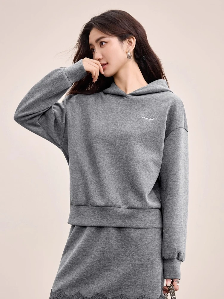 SENTUBILA jupe ensembles à capuche lettre brodée coupe ample sweat a-ligne jupe courte 2025 automne femme deux pièces ensemble 153ZH2419