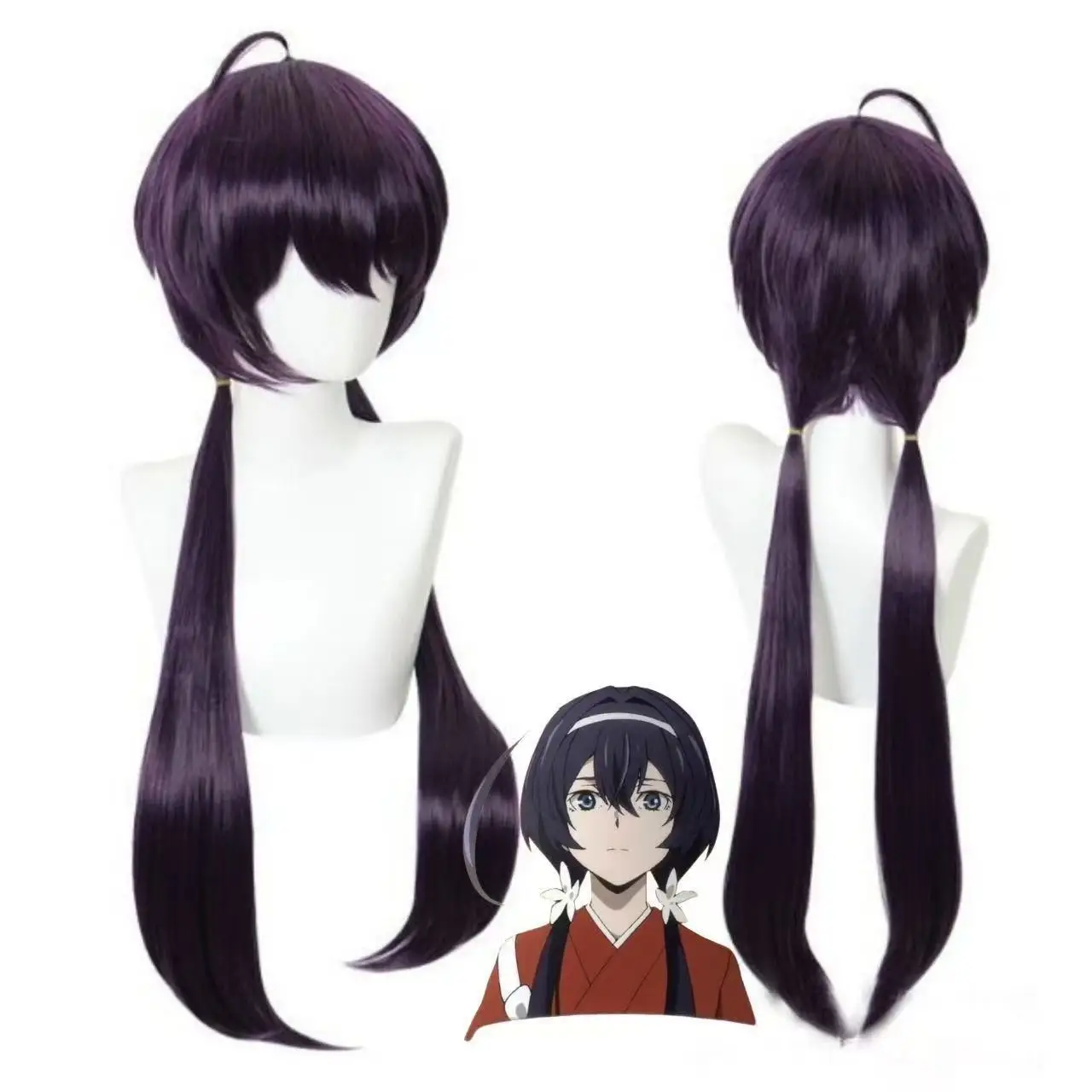 

1 piece of purple double stranded long straight bob wig with literary and wild dog anime spring mirror flower wig