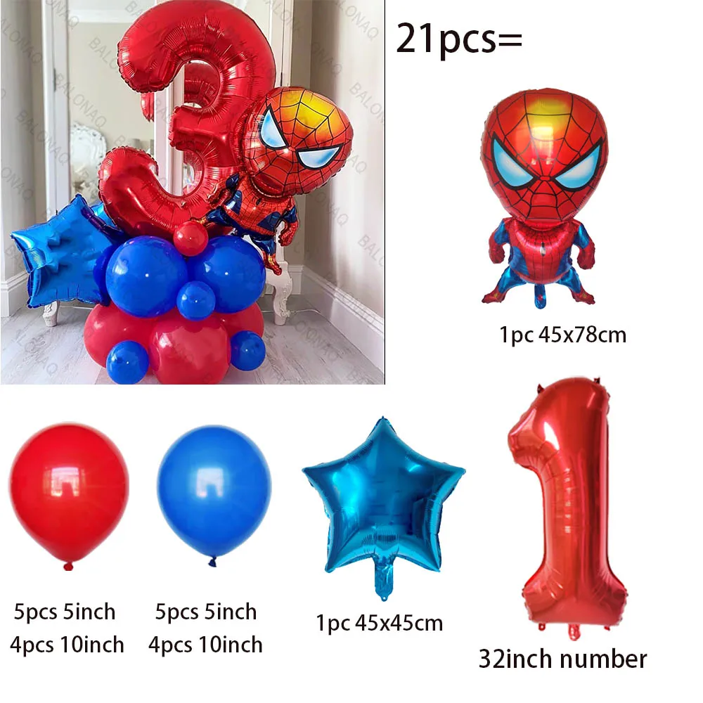 Spiderman Foil Balloon Set para crianças, Super Hero Toy, inflável, decoração de aniversário, chuveiro de bebê, meninos, 21pcs