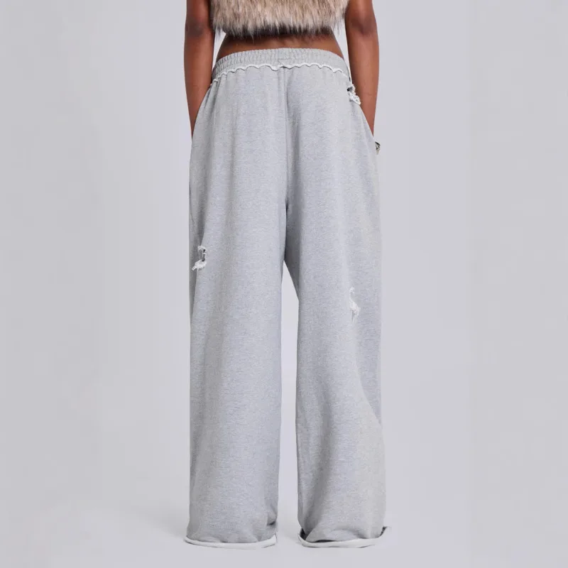 HKSH Light Luxury Vintage Style Trend Casual Pants Streetwear Hip-Hop Ripped Wide-Leg Loose Sweatpants Chic Jeans Capris HK25264