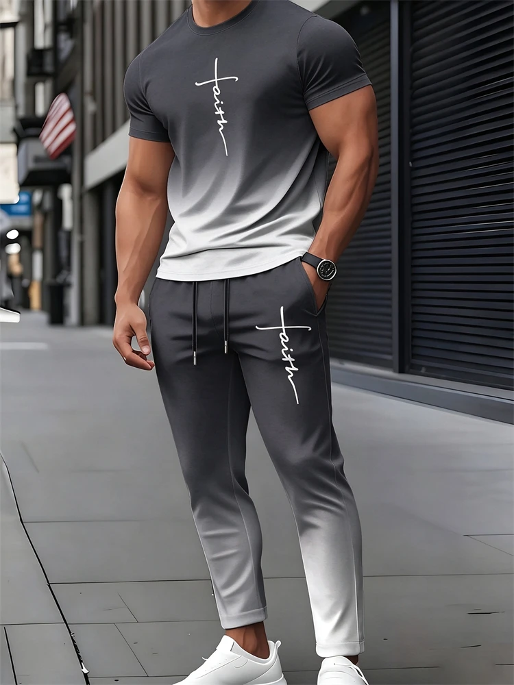 Modern Urban Men's Sports Set Short-Sleeve Top With Gradient Cross Print And Jogging Pants—Casual Outfit For Everyday Gathering