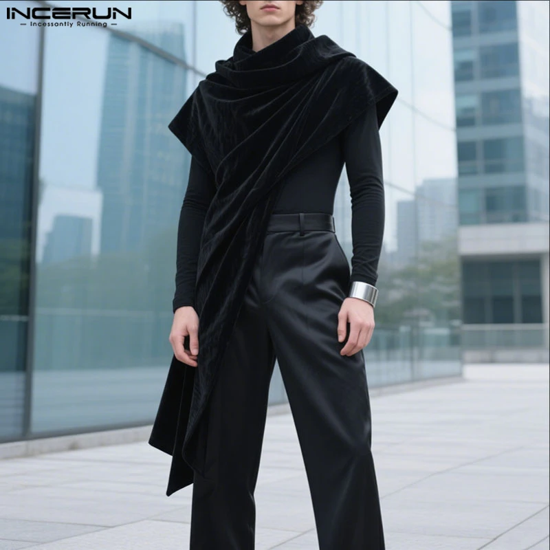 INCERUN Men Irregular T Shirt Patchwork Velour Turtleneck Long Sleeve Tee Tops Streetwear 2025 Fashion Casual Men Clothing