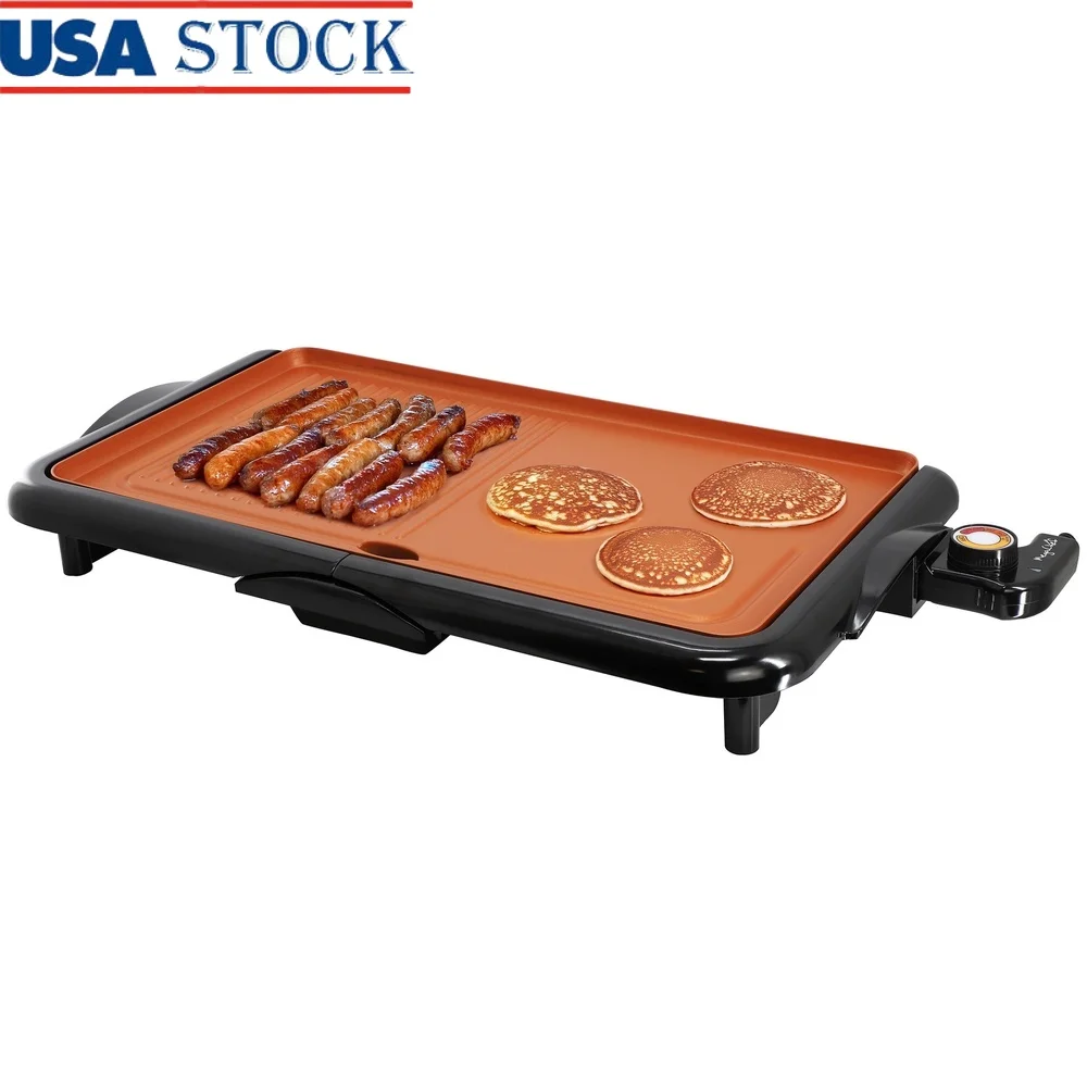 18.89 Inch Electric Grill Griddle Non-Stick Copper Coating Adjustable Temperature 1400W Cooking Area Perfect Family Meals