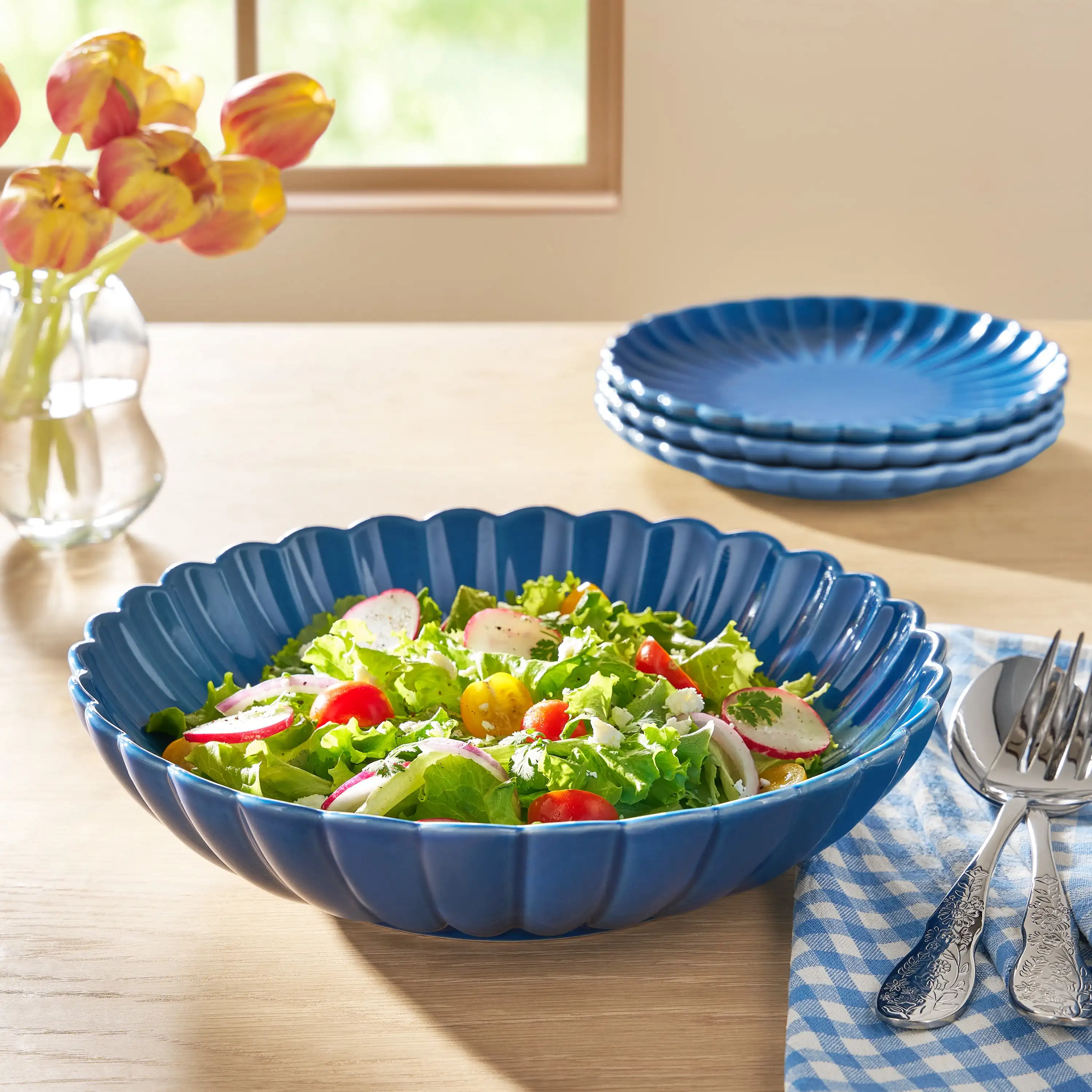 ชามราเมนขนาดใหญ่ 11 นิ้ว ทำจากเซรามิกสีน้ำเงิน ใช้ได้หลากหลาย สำหรับสลัด บะหมี่ ซุป และอาหารครอบครัว