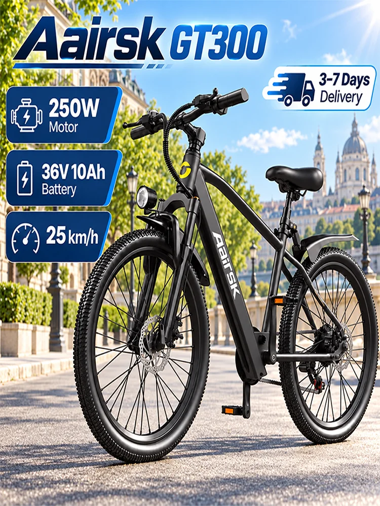 Aairsk GT300 – elektryczny rower dla dorosłych, opona 26 cali, idealny do codziennych przejazdów po mieście, silnik 250 W, akumulator 36 V, 10 Ah, 7 biegów. — 2