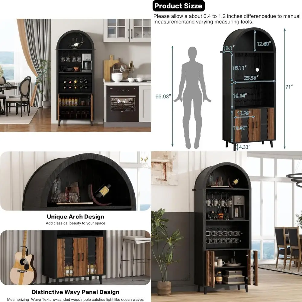 

71"Tall Wine Bar Cabinet: Black Arched cabinet with wine Storage,Retro Style Display Shelf ,15 Wines Racks 16 Glass Holders,4 Ti