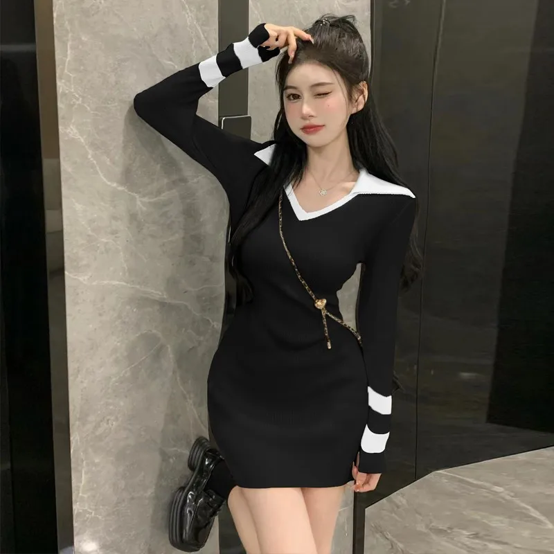 

Autumn Winter Fashion Temperament Elastic Slim Wool Pullovers Knitted Dress Women Clothing Vintage Chic Striped Mini Dress