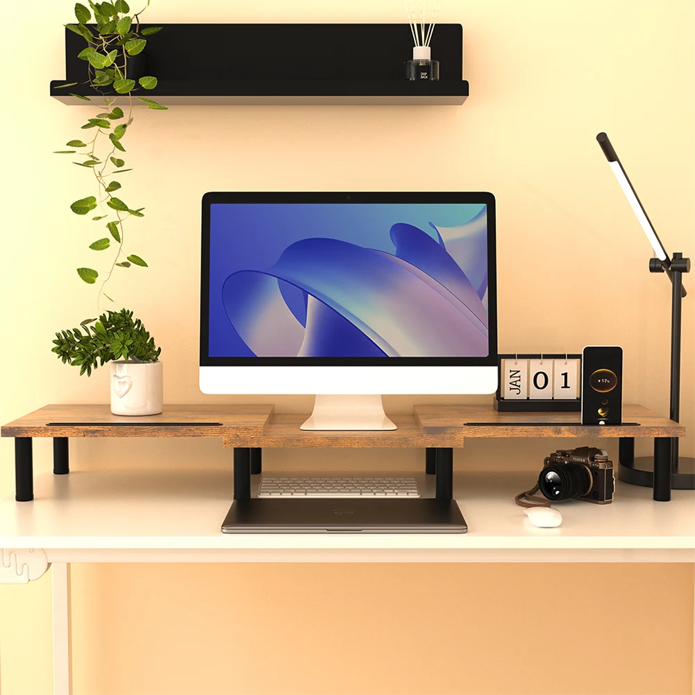 Dual Monitor Stand Riser Smartphone Holder Adjustable Length & Swivel Angle Wood Computer Monitor Stand PC Riser for 2 Monitors
