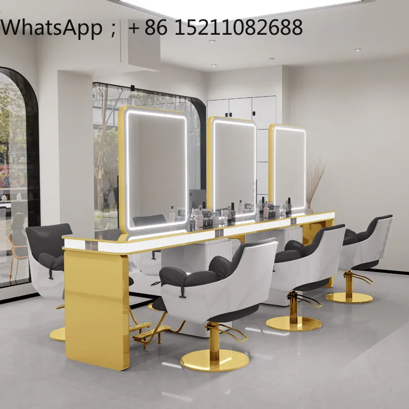 LLY new barber shop mirror special hair mirror stainless steel perm and dye hair cutting mirror with lamp