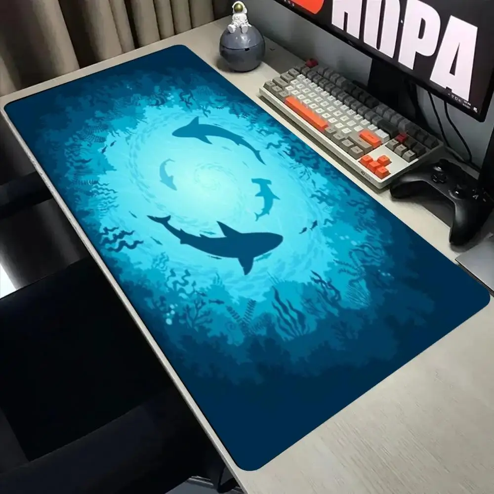 Ocean Shark Silhouette Large Mouse Pad Underwater World Desk Mat Non Slip Rubber Base  Mousepad Sea Creature Keyboard Desk Pad