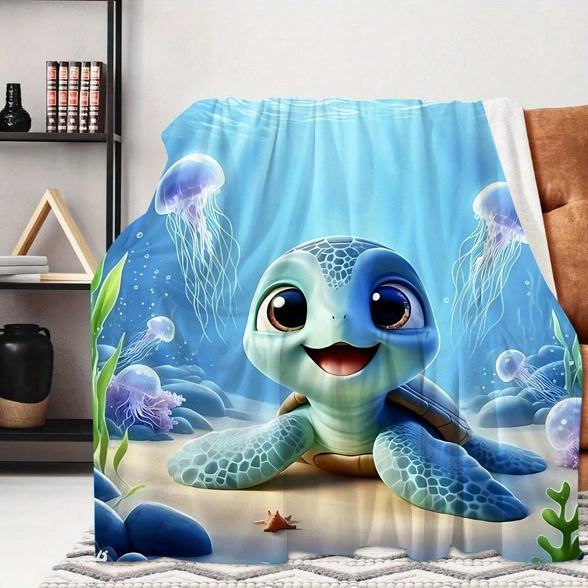 1pc High-Quality Flannel Blanket Featuring Ocean Jellyfish And Turtle Elements, Modern Style Throw, Suitable for Outdoor Use, Tr