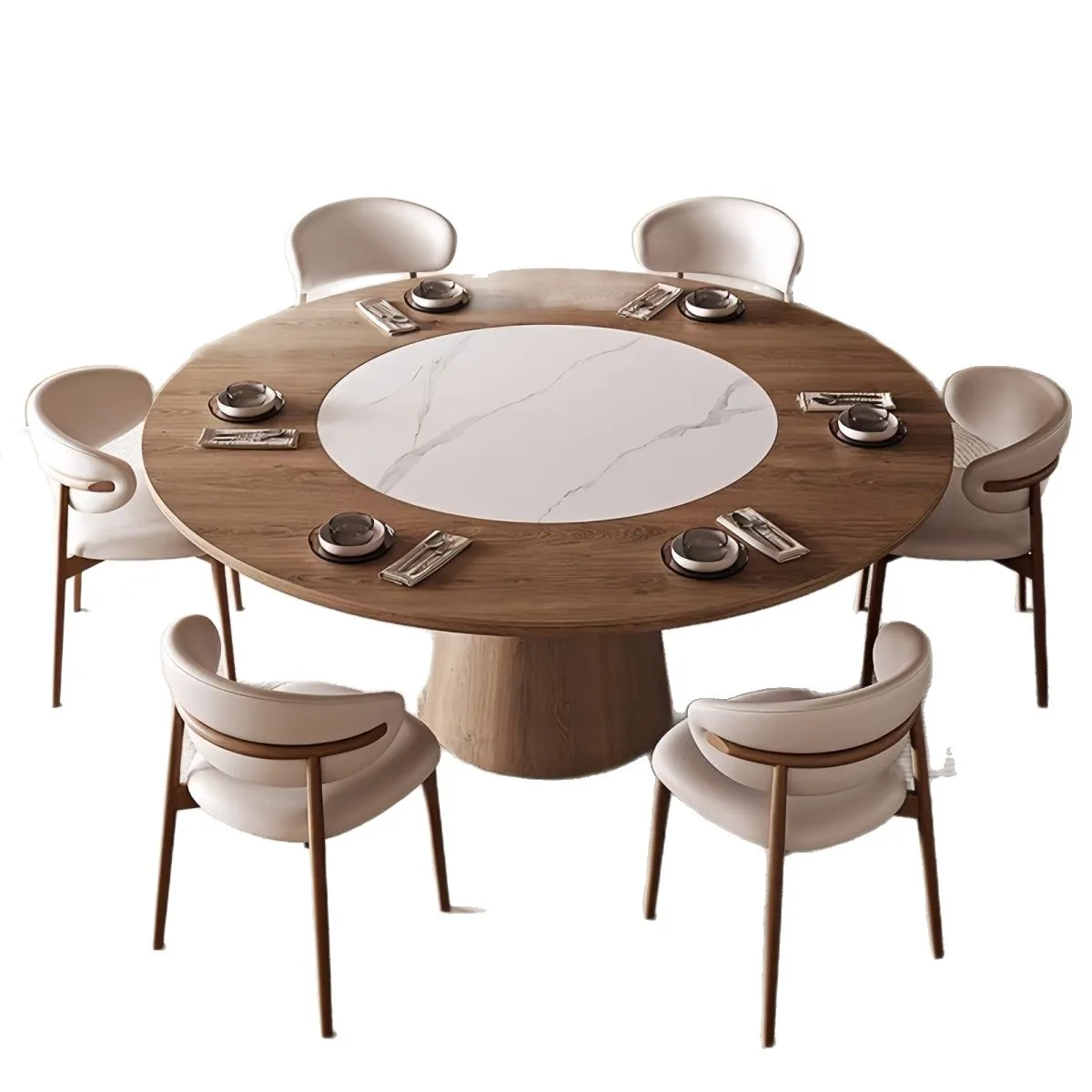 

Medieval style, solid wood, dining table, household, with warm dishes, induction cooker, rotating, dining table and chairs