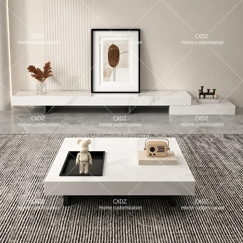 Minimalist Telescopic TV Cabinet Solid Wood Rock Slab Audio Visual Cabinet Coffee Table Floor Cabinet Combo for Small