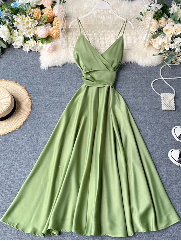 

Summer Sexy Party Vacation Beach Midi Dress Women Elegant V-neck, High Waist Slim Solid Suspender Dress Vestidos