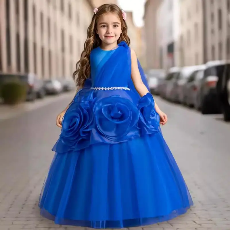 

Autumn and Winter Girls' New Large Flower Asymmetric Sleeveless Long Mesh Princess Dress Christmas Wedding Party Dress