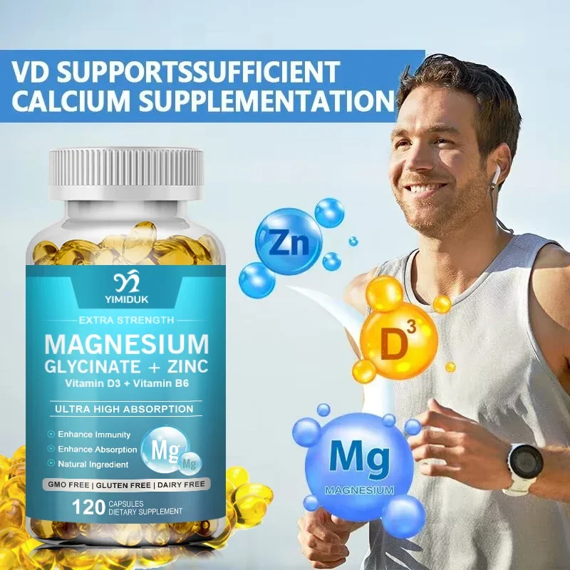 Glicinar de magnesio, suplemento de magnesio con zinc y vitamina D3 para inmune, soporte para huesos, músculos y salud del corazón, suave en el estómago
