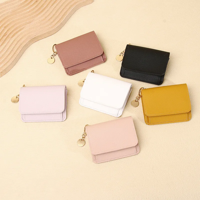 Solid Color Wallet For Girls Card Key Lipstick Pu Leather Coin Purse Card Holder Casual Cowhide Mini Purse For Ladies