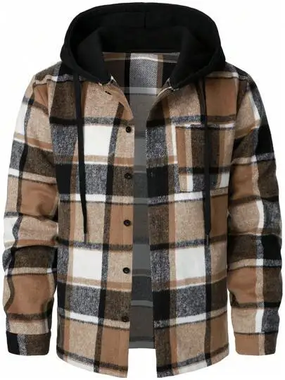 

Men's 2025 Heavyweight Plaid Hooded Jacket Cotton Loose Fit Casual Streetwear Long Sleeve Warm Coat Autumn Winter