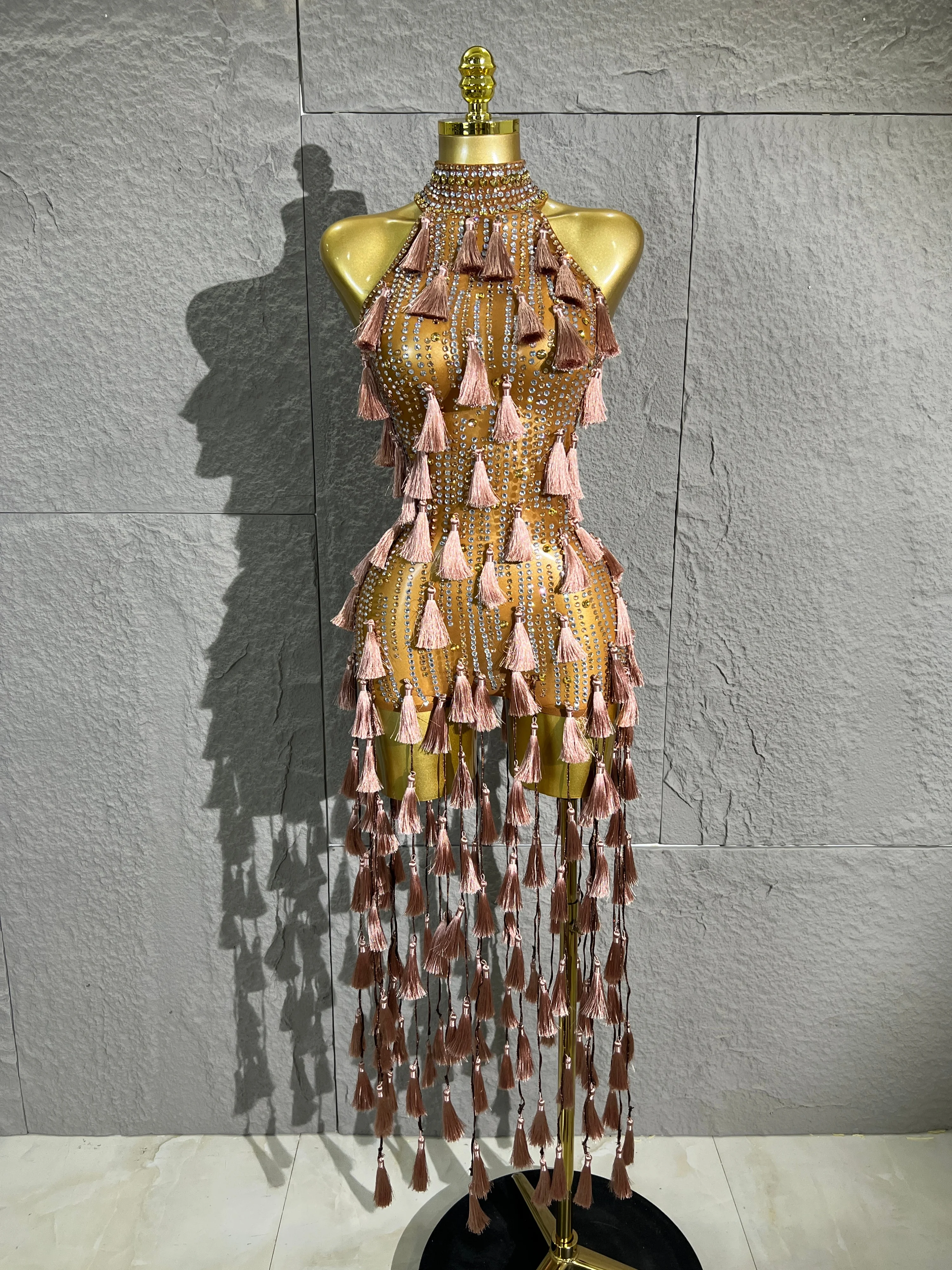 Women High collar Rhinestone Tassel One-piece suit Sleeveless Sparkly Crystals BodyconStage Club Dance Party Performance Outfit