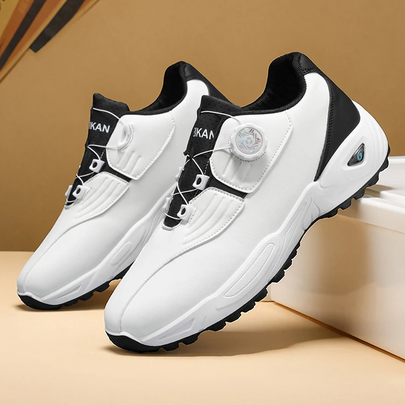 Men Rotary Buckle Golf Shoes Waterproof Leather Air Cushion Non Slip Breathable Training Sneakers 2 Colors - view 5