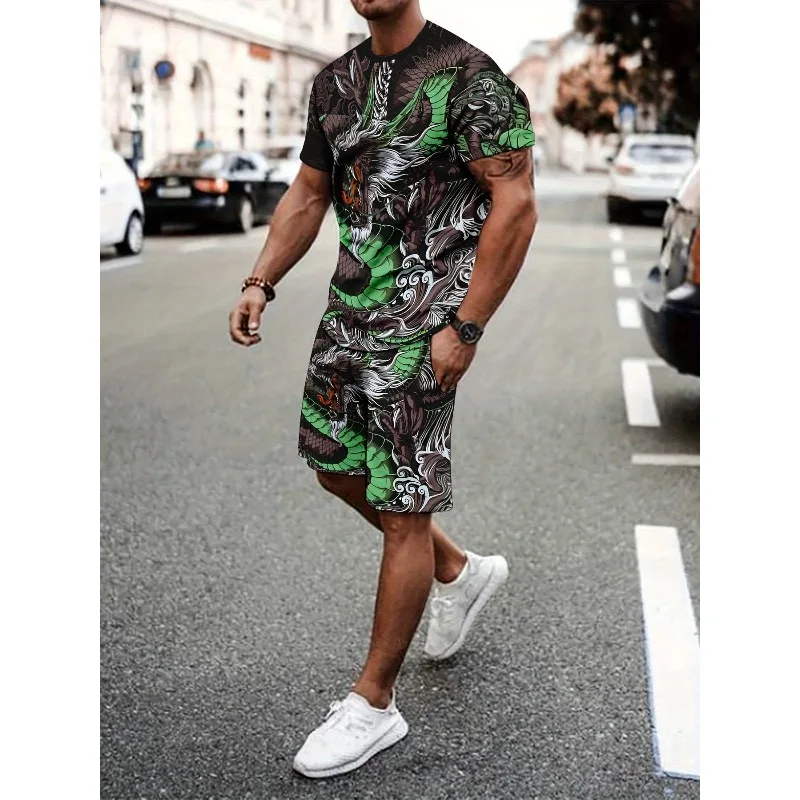 2025 Summer New Trend Retro Men's Fashion T-shirt 3D Digital Printing Creative Casual Round Neck Short Sleeved Shorts Set