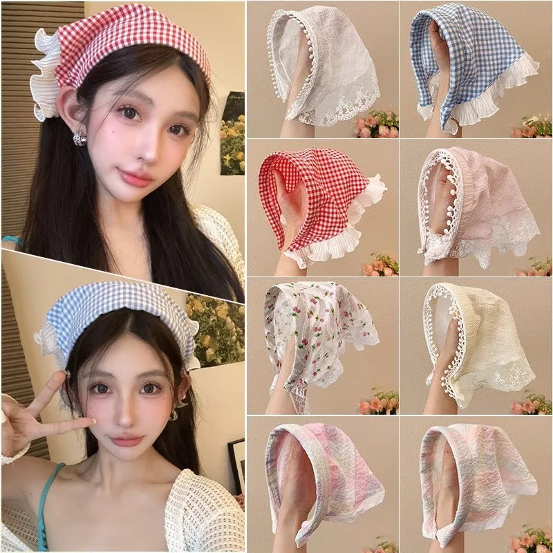 

French Retro Plaid Scarf Headband - Lace Trim Triangle Bandana for Women, Sweet Cute Hair Accessory