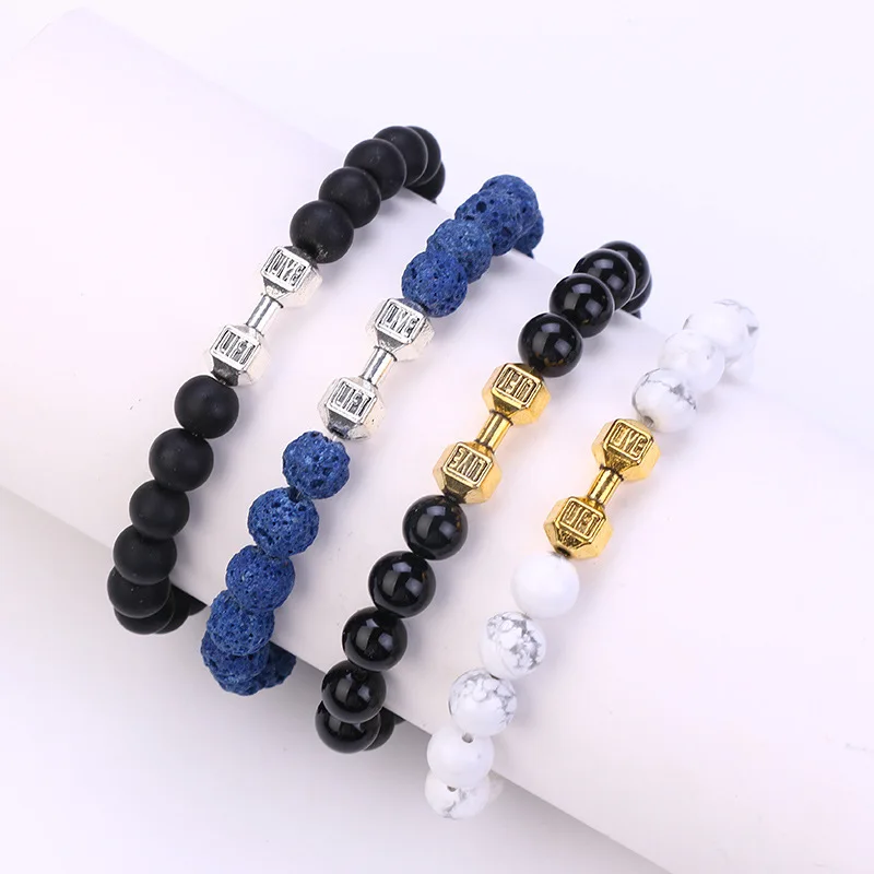 gym bracelet Dumbbell Beaded Bracelet Black Beads Fitness Fit Life Prayer Bracelets Bangles Barbell Men Jewelry