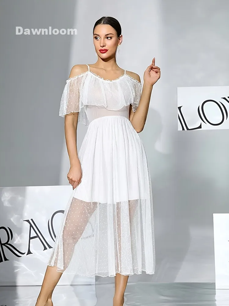 Women's White Polka Dot Tulle Off-the-Shoulder Ruffled Midi Nightgown Luxury Fairy Sexy Home Loungewear