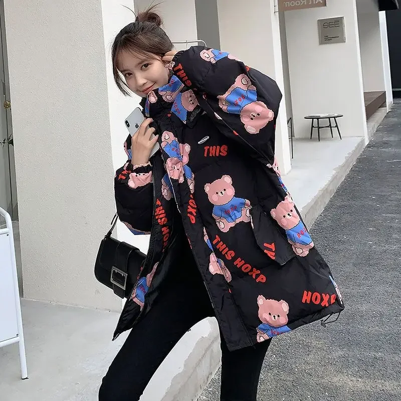 2022 new women\'s winter thickened bread coat printed bear clothes Japanese cute trend student hooded thickened bread coat