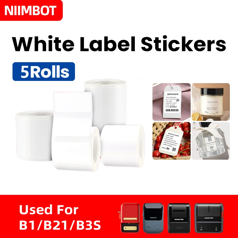 Бумага для этикеток для принтера Niimbot B21 B1 B3S, белая бумага для печати наклеек, водостойкая маслостойкая клейкая наклейка для этикеток [5 рулонов]
