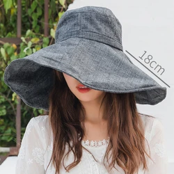 Summer 18cm Oversized Wide Brim Sun Hats Women Uv Protection UPF 50+ Sunshade Beach Hat Cotton Linen Foldable Bucket Hat Panama