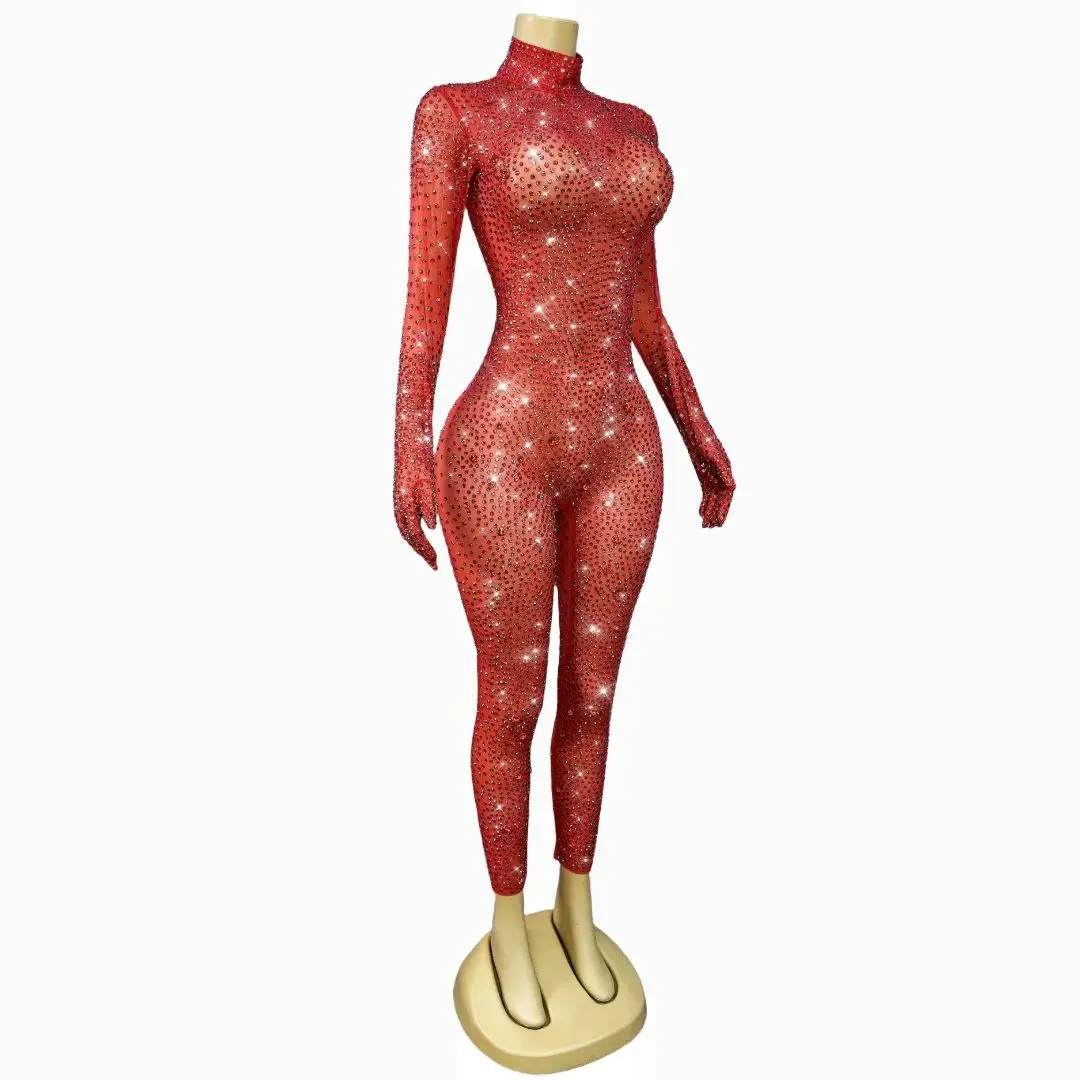 

Sexy Long Sleeves See Through Rhinestone Jumpsuits Plus Size Women Night Club Party Rompers Pole Dance Leotard Skinny Bodysuit