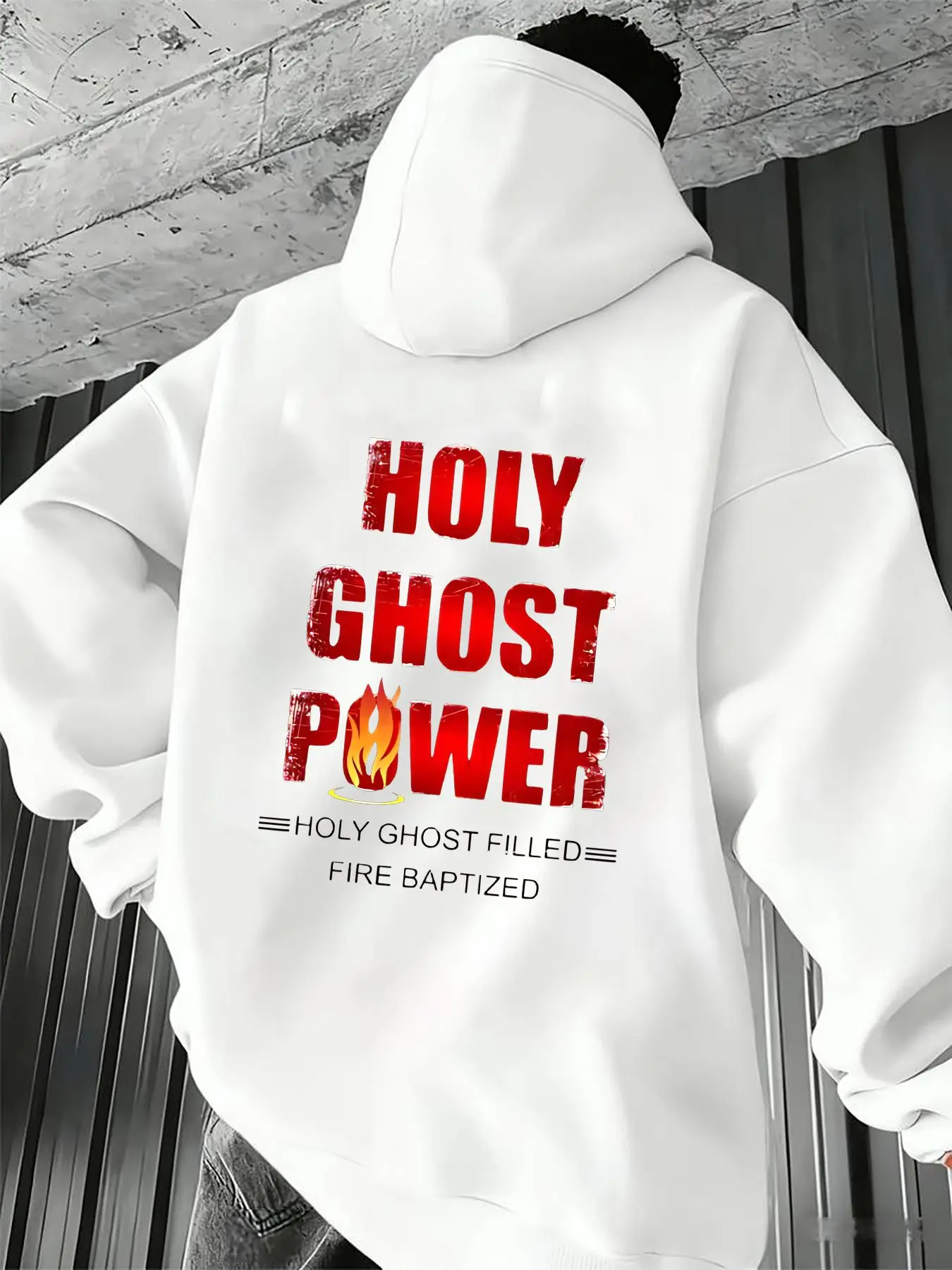 2026 Autumn/Winter Men's Holy Spirit Power Flame Print Trendy Street Style Loose Long-Sleeved Hooded Sweatshirt