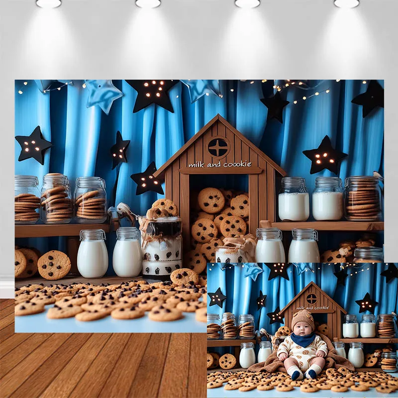 LS Photography Background Milk Cookies Wooden House Star Lights Decor Birthday Baby Shower Kids Portrait Photo Backdrop Studio