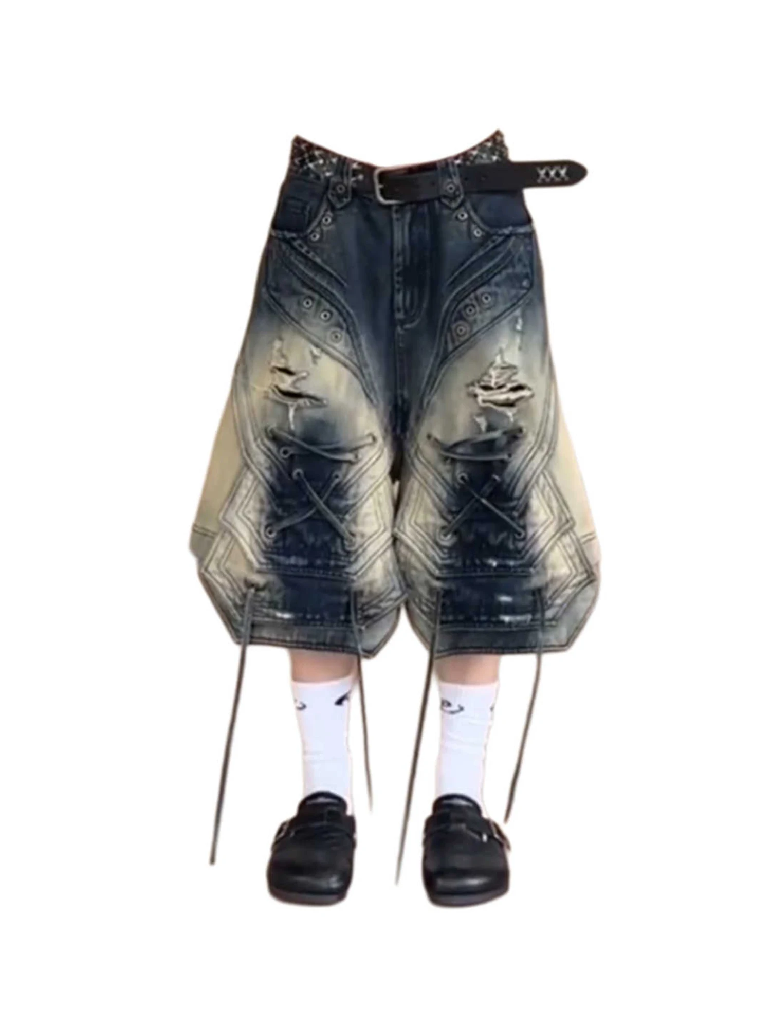 Women Ripped Jeans Vintage Harajuku Y2k Baggy Calf Length Jean Pants Japanese 2000s Style Oversize Grunge Denim Trousers Clothes