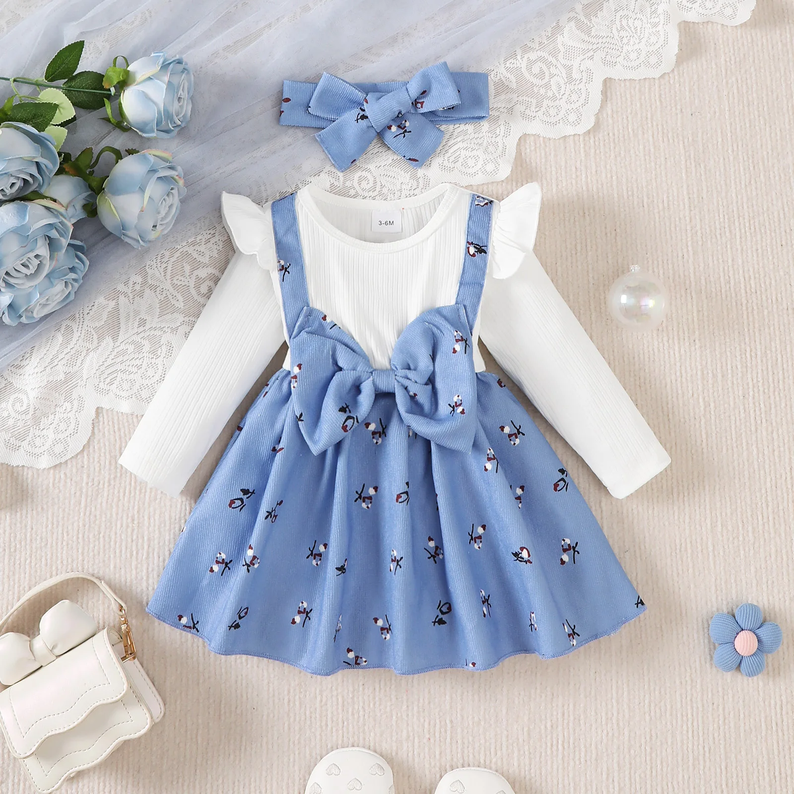 0-3Year Cute Baby Girl Dress Round Neck Small Floral Large Bow Long Sleeved Dress+Headband Toddler Baby Girl Autumn Fashion Dres