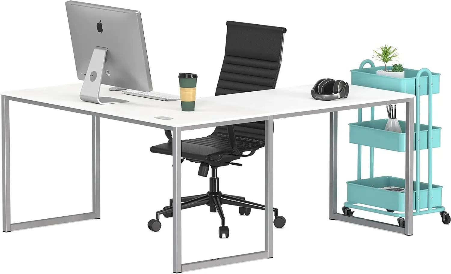 Bureau blanc en forme de L, 55 x 60 pouces, bureau d'ordinateur moderne pour bureau à domicile