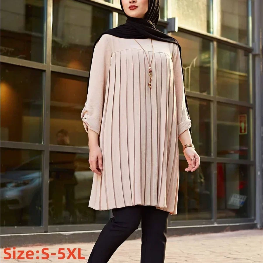 New 2024 Muslim Women\'s Blouse Shirt Adjustable Sleeve Women Fashion Top Islamism Blouses for Muslim Women Solid Oversized 5XL