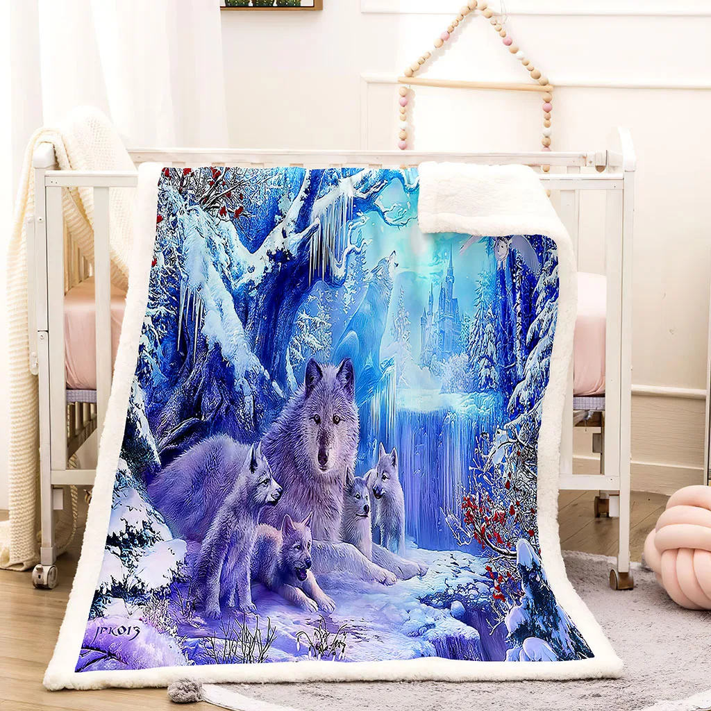 HUANZHUANG Print Blanket Sofa Blankets For Beds Super Soft Warm Ice And Snow Animal Wolf Blanket Cover Flannel Throw Flannel Bi