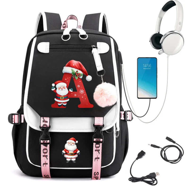 Santa Claus Print 26 Letter A-Z Backpack for Girls Boys Schoolbag Fashion Xmas Holiday Casual Travel Laptop Backpack School Bag