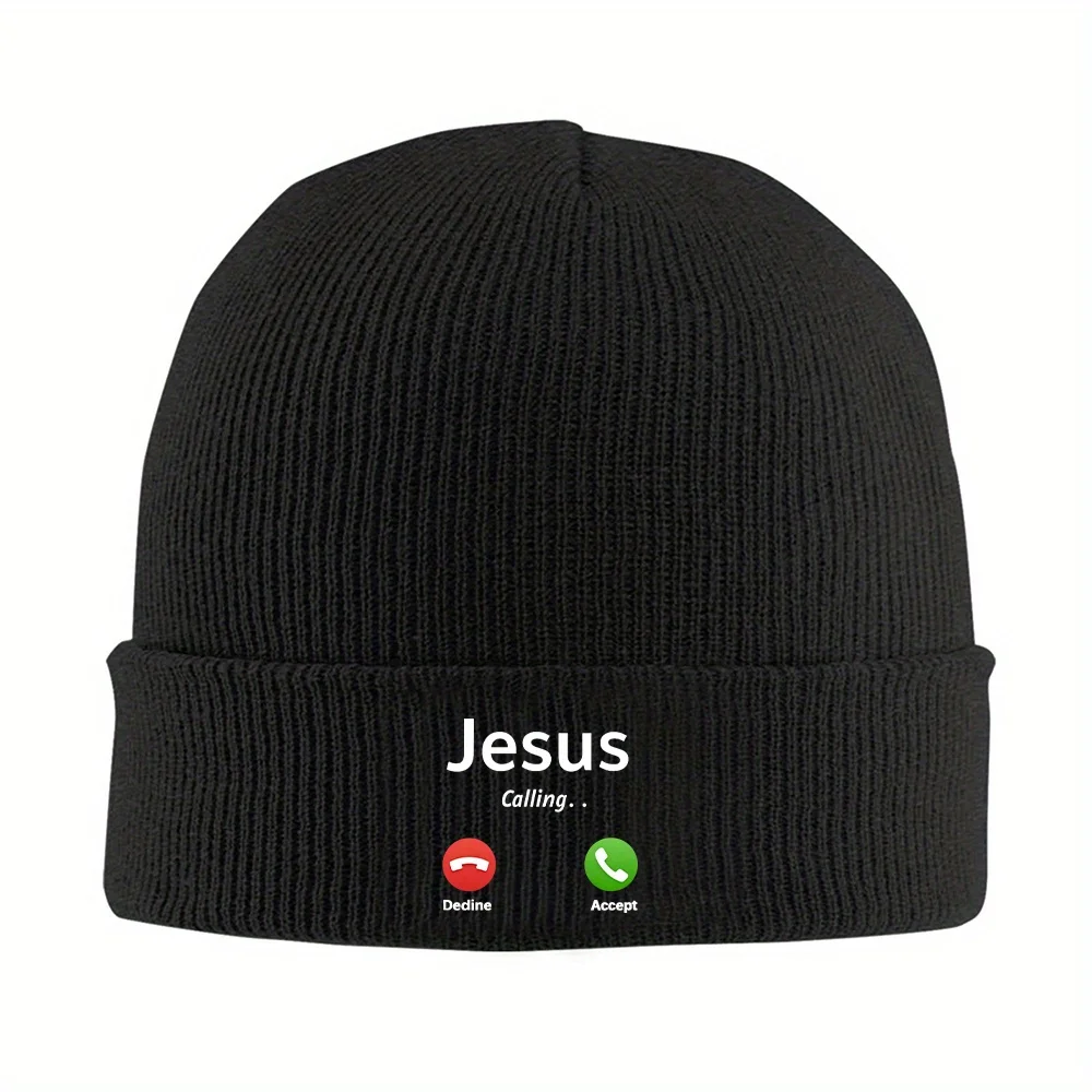 1pc Jesus Call Knitted Skull Cap - Black with White 