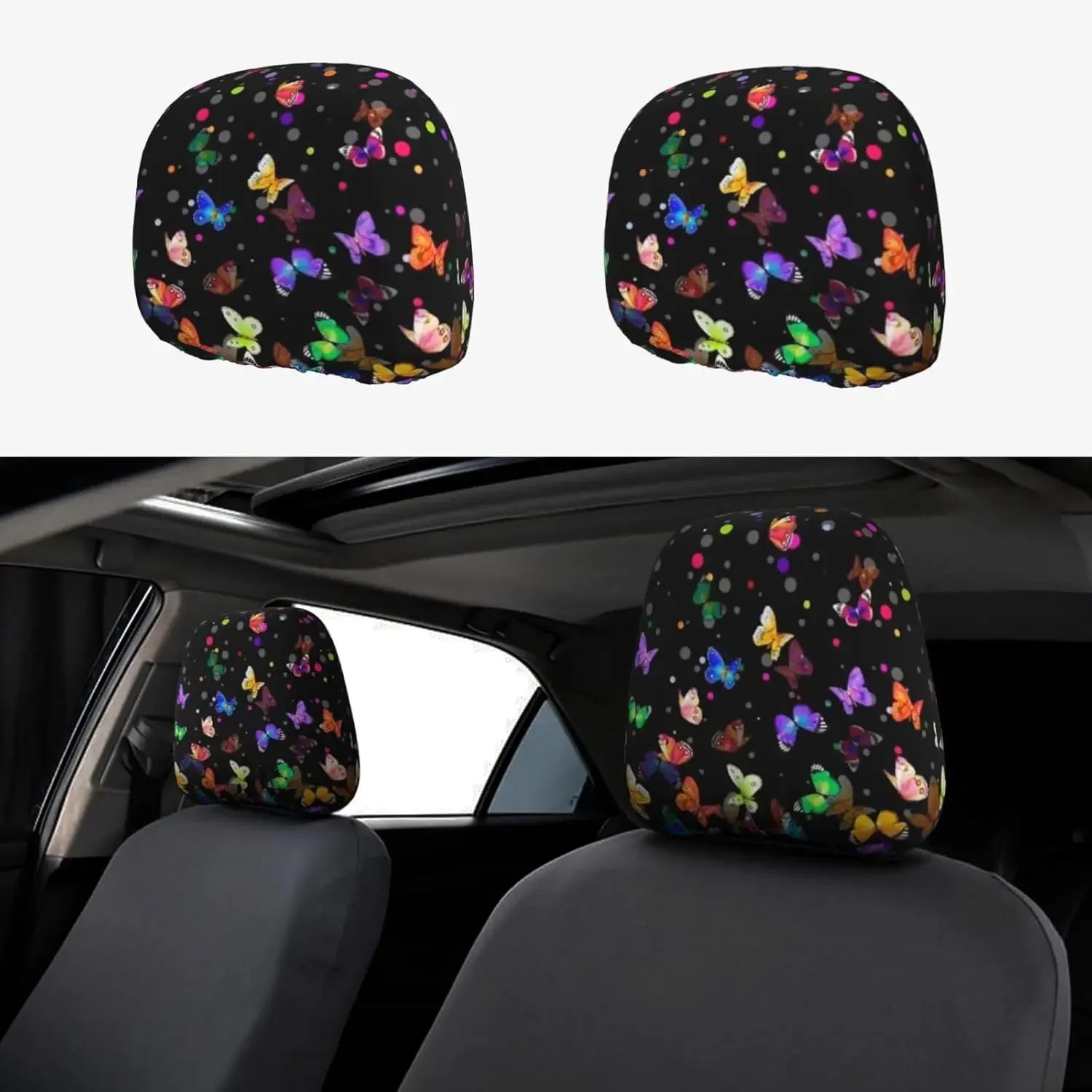 2pcs Starry Butterfly Universal Car Headrest Cover Accessories Protector Fabric Head Rest Coverings for SUV Cars Truck Auto