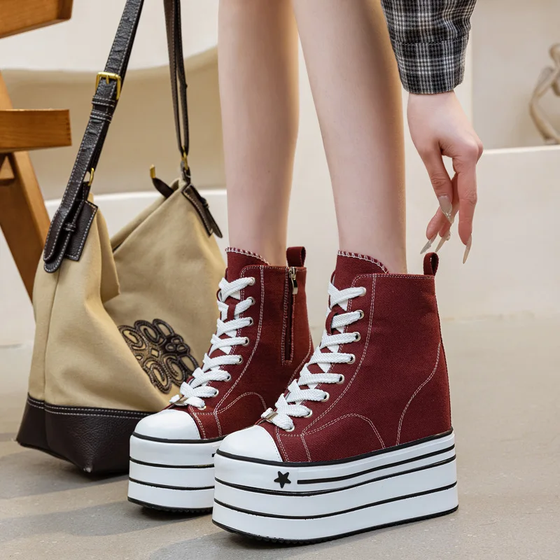 

16CM High Heels Women New Autumn Winter Platform Leather Canvas Ankle Boots Thick Bottom Chunky Sneakers Motorcycle Boots Woman