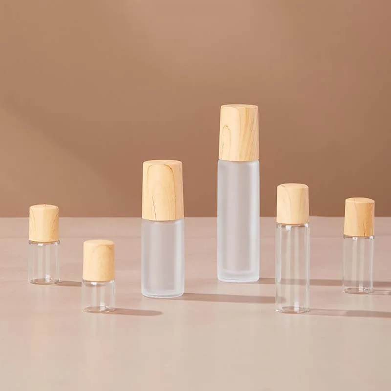 Bouteille en verre pour huile essentielle, 5 pièces, 3/5/10ml, d'extraction à bille roulante de parfum, avec bouchon en bois, distributeur de produits cosmétiques