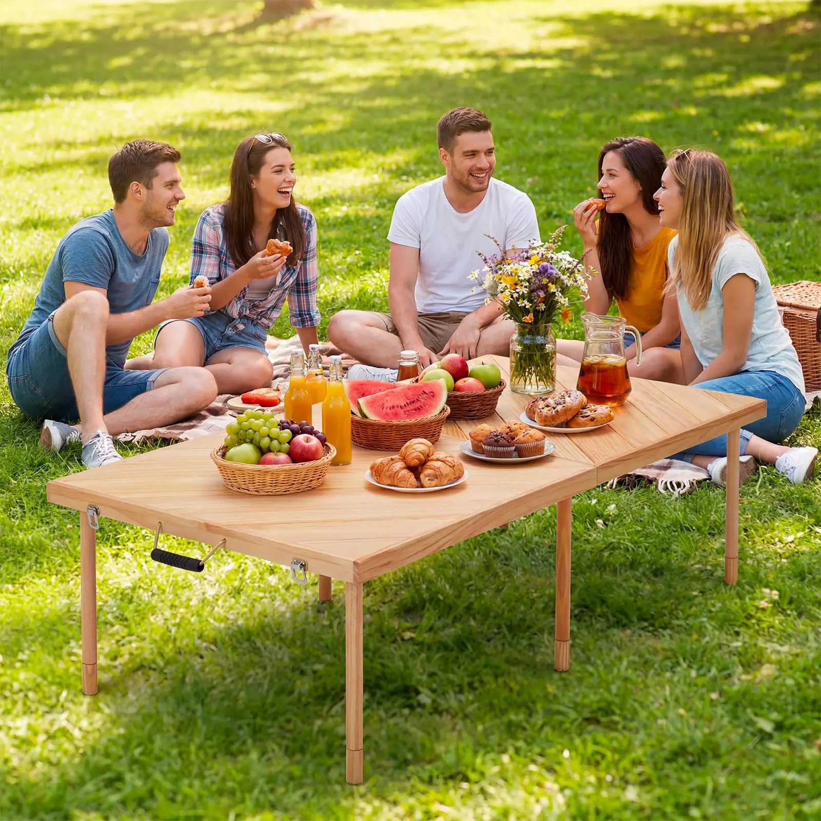 44/60in Solid Wood Folding Picnic Table, Adjustable Height Portable Low Table With Carry Handle, Compact Outdoor Camping Beach Table