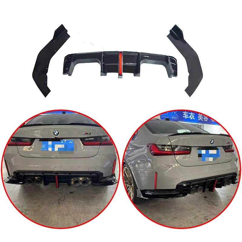 

High Quality ABS 3Pcs Car Rear Bumper Diffuser Lip Protector Guard With LED Light Gloss Black For BMW G80 M3 2021 2022 2023 2024